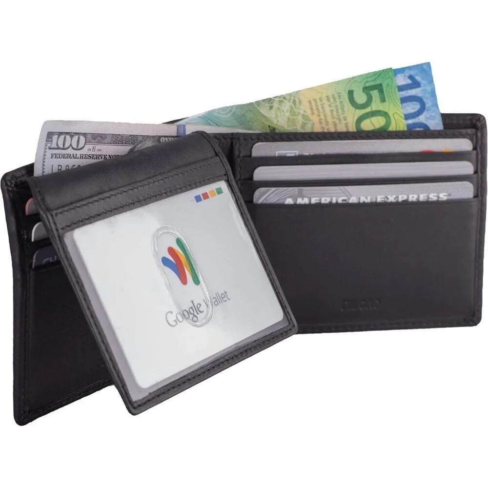 Men's Napa Black Travel Leather Bifold Wallet Card Top Slip Flip Pockets